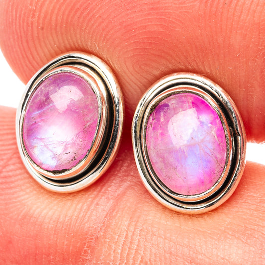 Pink moonstone stud earrings, oval cabochon, .925 sterling silver oval bezel