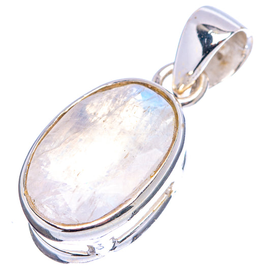 Oval rainbow moonstone pendant in .925 sterling silver with polished bezel and bail.
