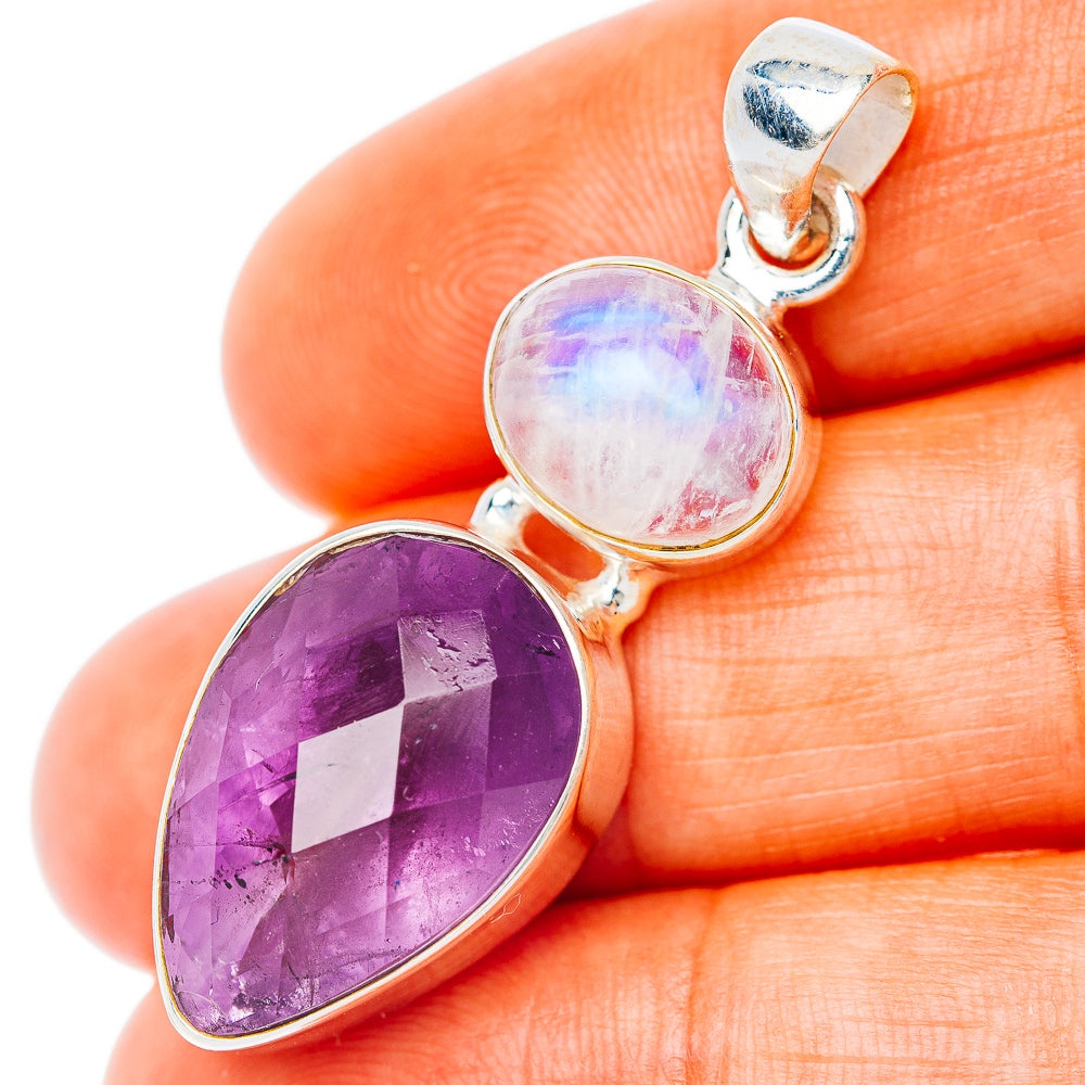 Premium Multi-Gem Amethyst, Rainbow Moonstone Pendant 1 5/8" (.925 Sterling Silver)