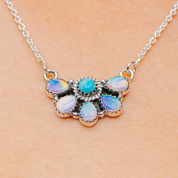 Southwestern Style Aurora Opal, Mohave Turquoise Necklace 17 to 19" (.925 Sterling Silver)
