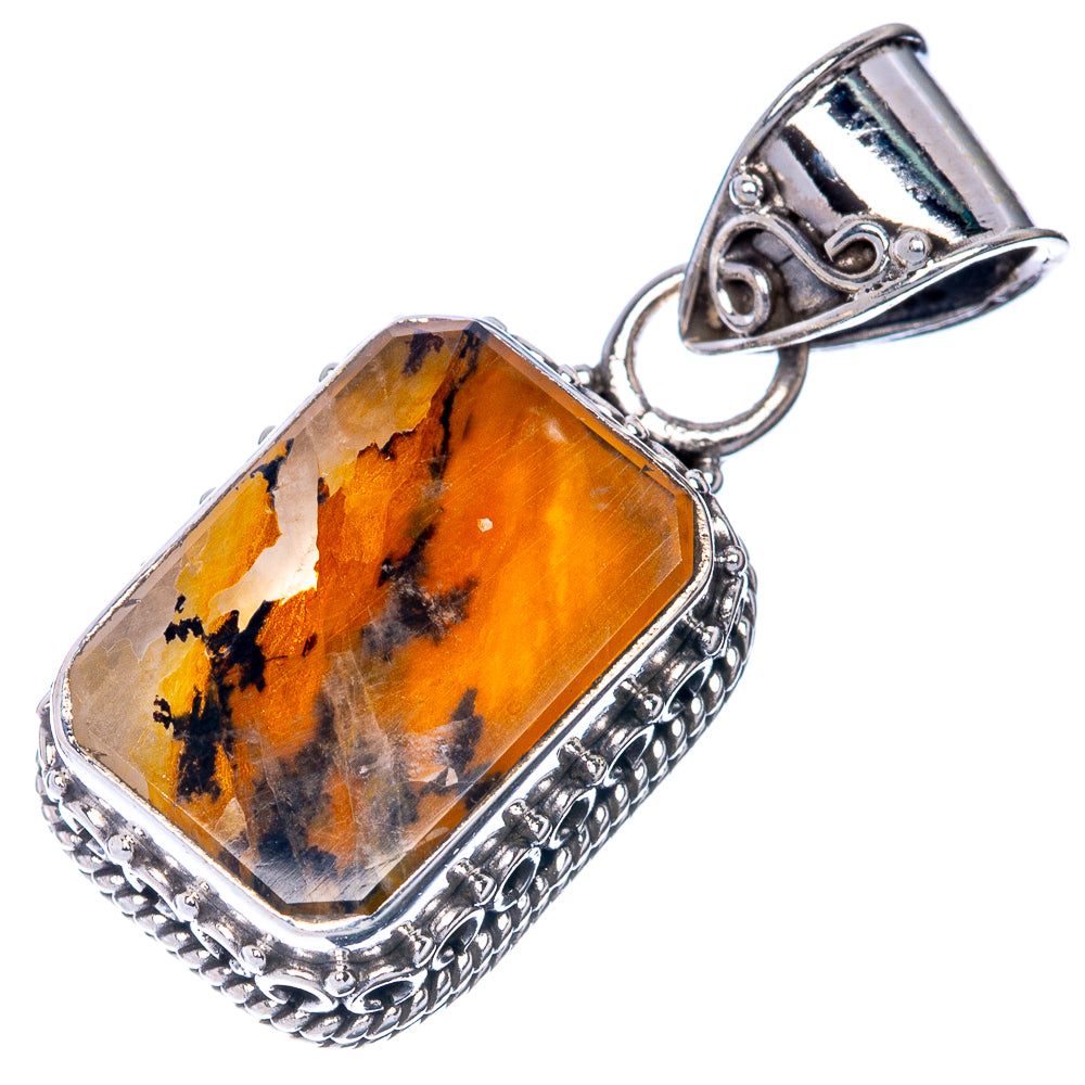 Sterling silver dendritic agate pendant, ornate rectangular frame with orange stone