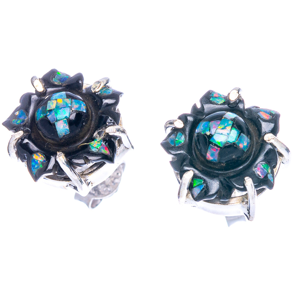 Rare Opal Black Onyx Flower Earrings 1/2" (925 Sterling Silver) E1115