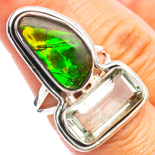 Green ammolite oval ring with two-tone stones in .925 sterling silver setting
