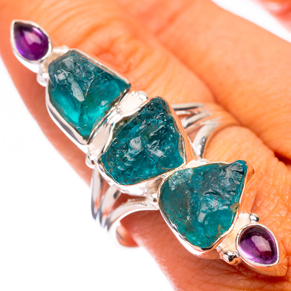 925 sterling silver ring with three rough blue-green stones and two purple amethyst drops