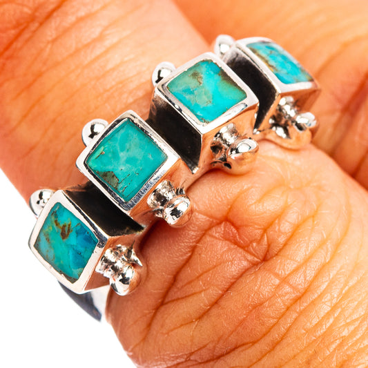Turquoise ring, .925 sterling silver with square blue-green stone settings, size 5