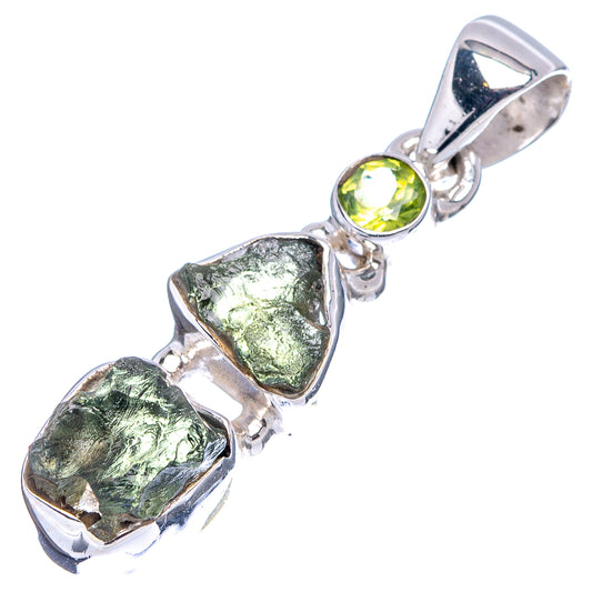 Sterling silver moldavite pendant with green peridot and rough dark crystal stones
