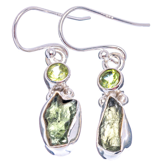 Sterling silver drop earrings with round green moldavite accents and raw teardrop stones