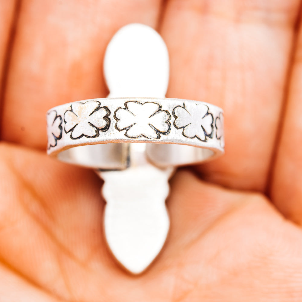 Sterling silver adjustable open cuff ring band with floral engraving