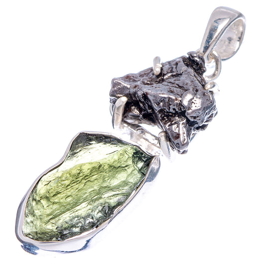 Sterling silver pendant with dark rough stone cap and green teardrop gem, bezel-set