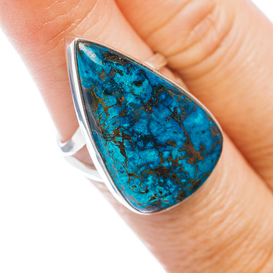 Sterling silver Shattuckite teardrop ring with bezel-set blue stone