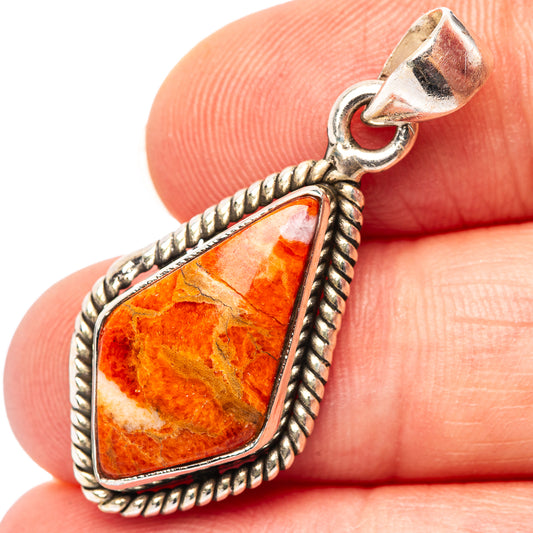 Sterling silver coral teardrop pendant with orange mosaic stone and rope bezel