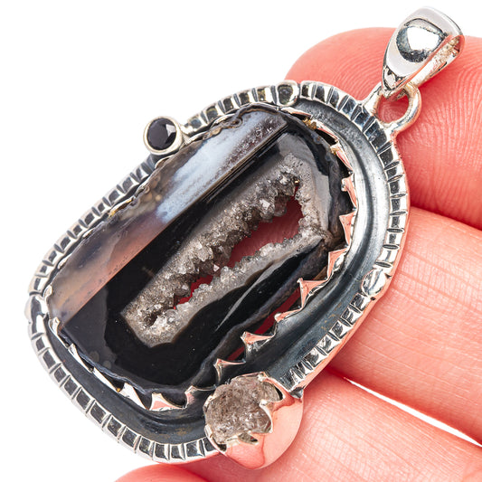 Coconut Geode Slice, Herkimer Diamond, Black Onyx Pendant 1 3/4" (925 Sterling Silver) P44329