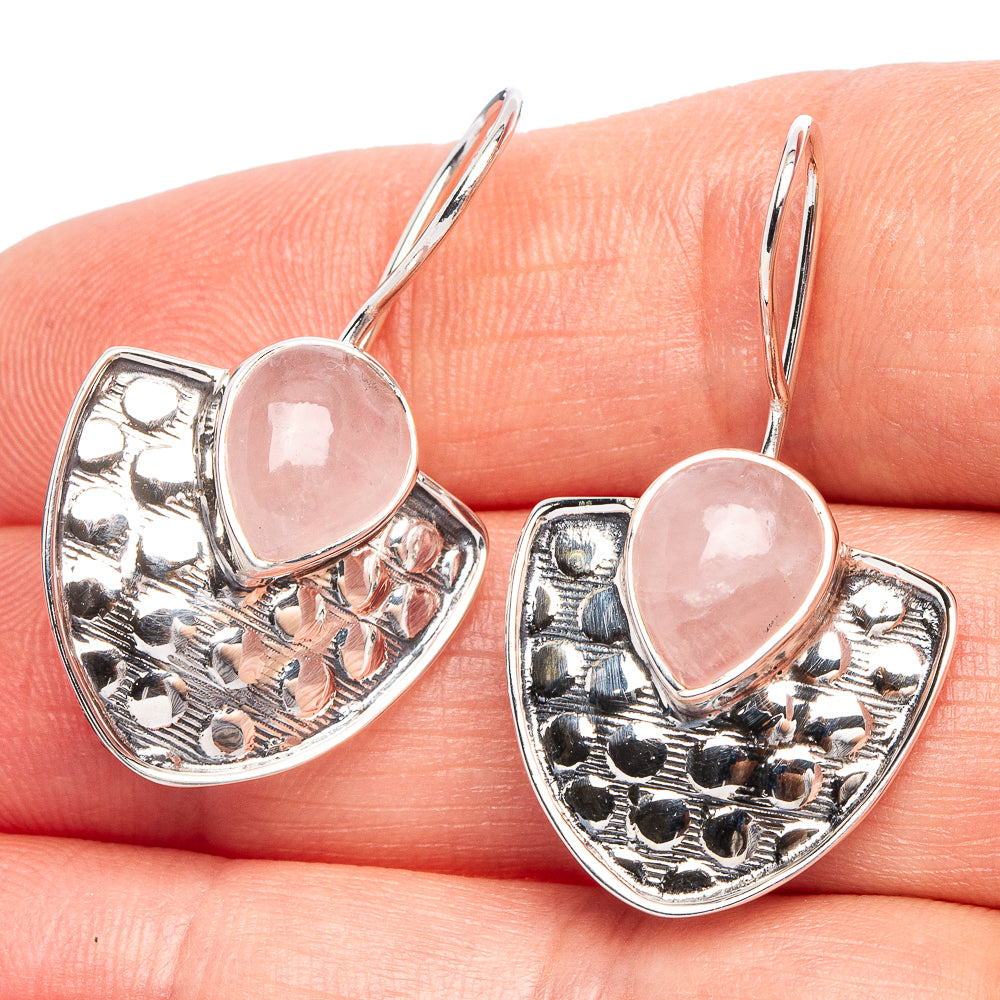Heart drop earrings with rose quartz cabochon and polished 925 sterling silver setting