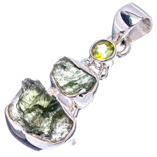 Sterling silver pendant with large rough moldavite and round yellow-green peridot stone