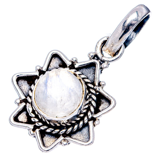 Sterling silver moonstone pendant, round iridescent stone in star-like frame with bail