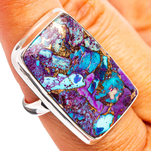 Sterling silver ring with rectangular purple and turquoise mosaic stone