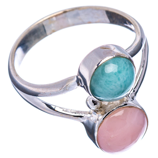 Sterling silver double-stone ring with oval teal larimar and pink opal cabochons