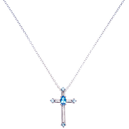 Blue Topaz Cross Necklace 18" (925 Sterling Silver) N90054