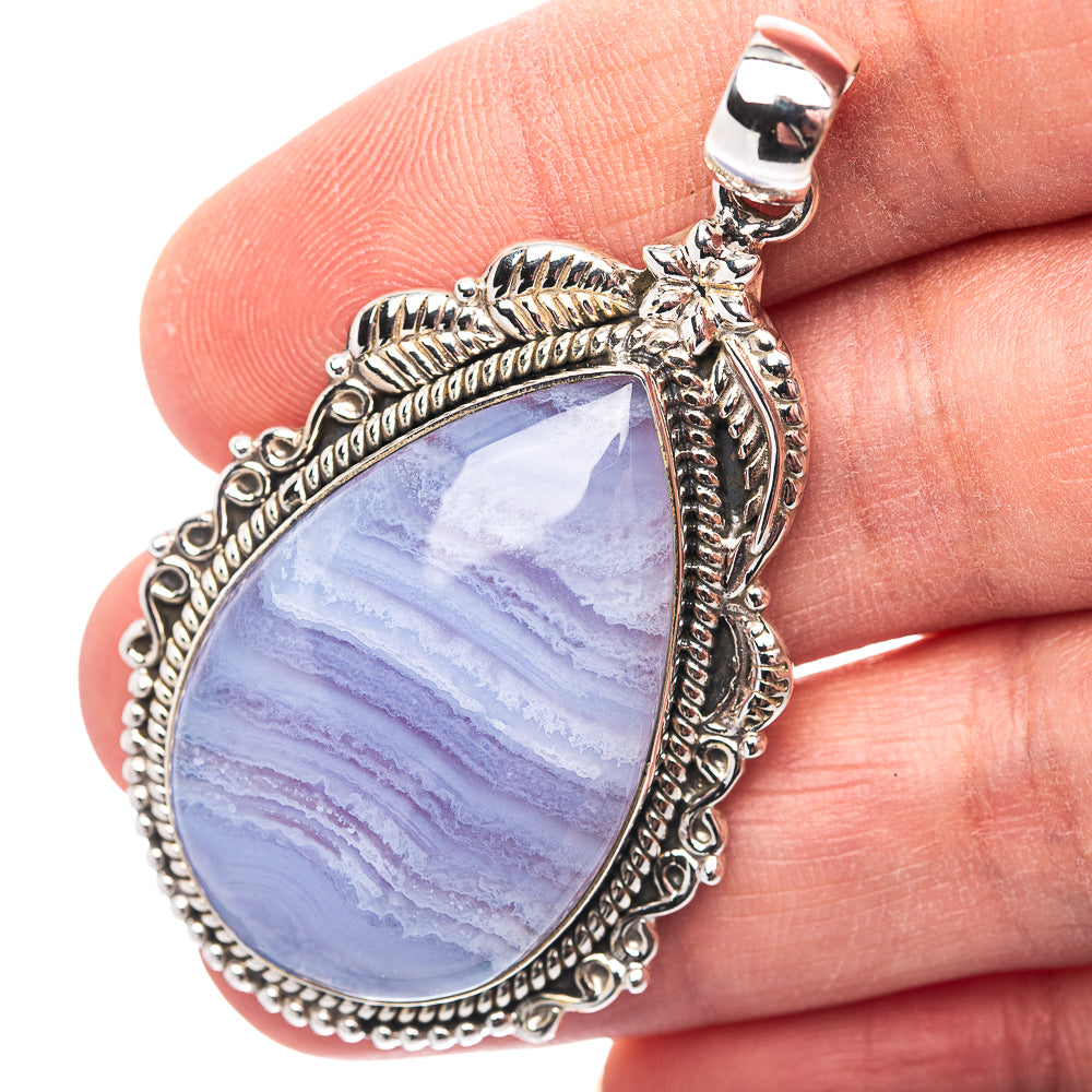 Premium Southwestern Style Blue Lace Agate Pendant 2 1/8" (.925 Sterling Silver)
