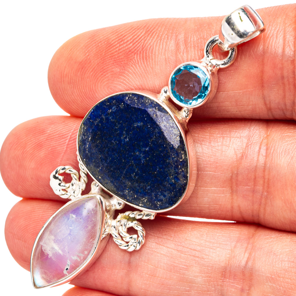 Premium Lapis Lazuli, Rainbow Moonstone, Blue Topaz Pendant 2 1/4" (.925 Sterling Silver)