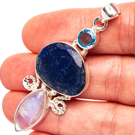 Sterling silver gemstone pendant with lapis lazuli blue, moonstone pink, and blue topaz
