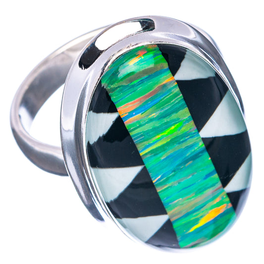 Sterling silver oval opal ring, green-blue striped inlay in black-and-white checker bezel