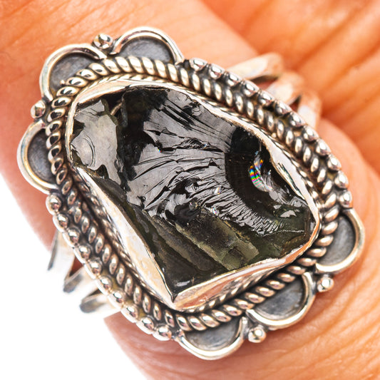 Moldavite ring in .925 sterling silver with dark oval faceted teardrop stone