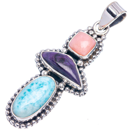 Sterling silver pendant with pink opal, sugilite, and larimar gemstones in bezels