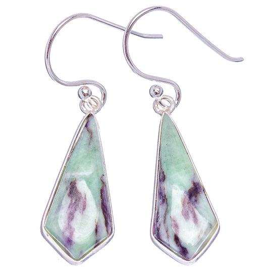 Sterling silver teardrop drop earrings with green-and-purple cabochon stones