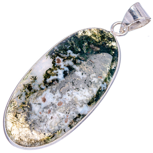 Silver-plated moss agate teardrop pendant with green, white, and black mineral speckling