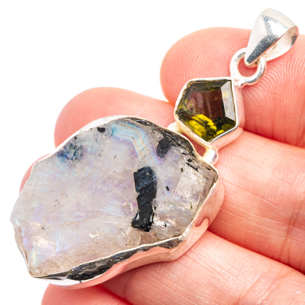Raw Rainbow Moonstone, Peridot Pendant 2" (925 Sterling Silver) P39025