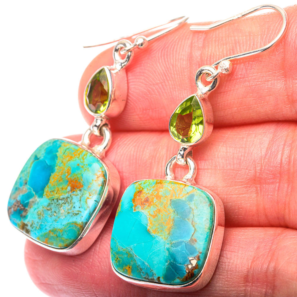 Sterling silver earrings with turquoise chrysocolla heart drops and green peridot teardrops