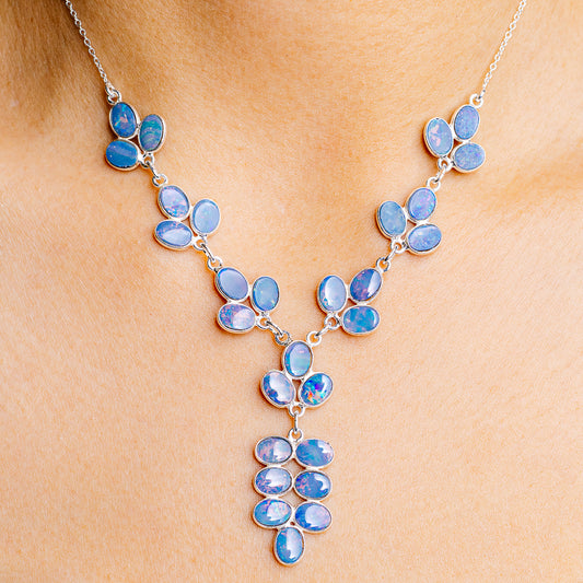 Sterling silver opal necklace with blue oval gemstone flower clusters and link chain