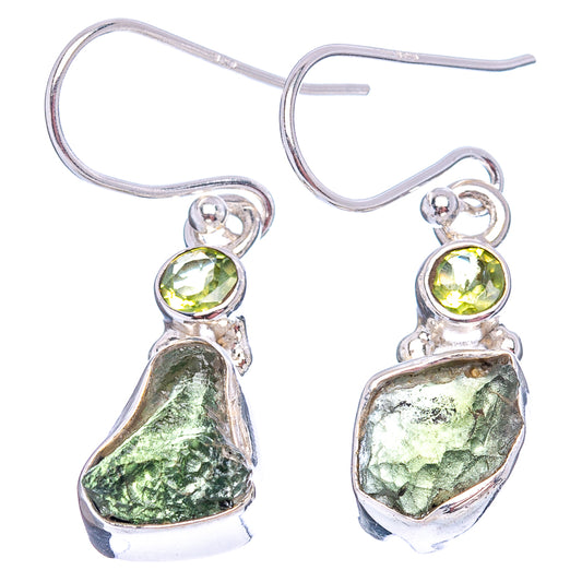 Sterling silver moldavite earrings with dark green teardrop stones and round green accents