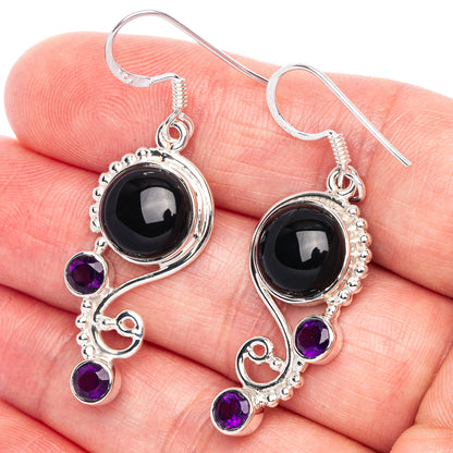 Premium Black Onyx, Amethyst Earrings 1 3/4" (925 Sterling Silver) E1204