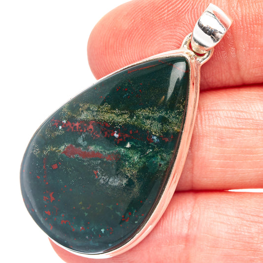 Bloodstone pendant, teardrop green with red speckles, .925 sterling silver bail