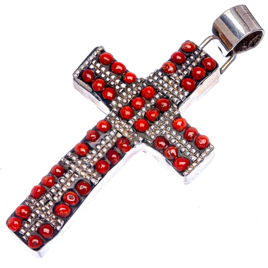 Vintage Large Red Coral Cross 2 7/8" (925 Sterling Silver) P40006