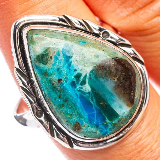 Sterling silver opal ring, oval blue-green stone with dark matrix, carved side band