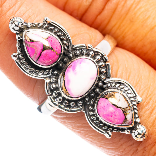 Antique-style .925 sterling silver ring with pink and white oval stones, size 8.25