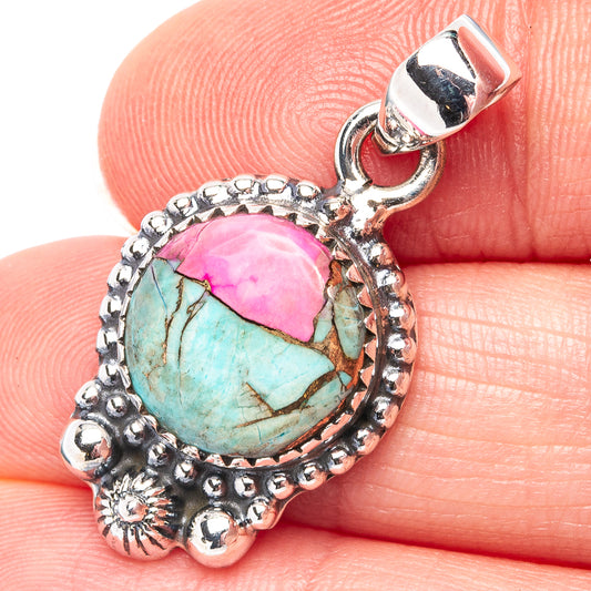 Turquoise and pink oval cabochon sterling silver pendant with bail and detailed frame