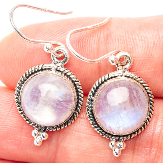 Silver moonstone earrings with round iridescent lavender cabochon and teardrop dangles