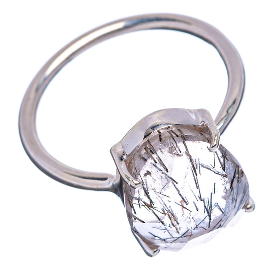 Sterling silver tourmalinated quartz ring with prong-set faceted oval stone, black lines