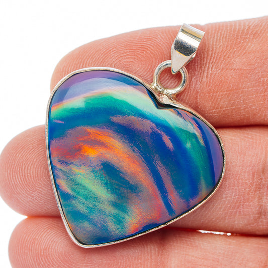 Aurora Opal Heart Pendant 1 1/2" (.925 Sterling Silver)