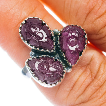 Premium 3-Gemstone Carved Ruby Ring Size 6.25 (.925 Sterling Silver)