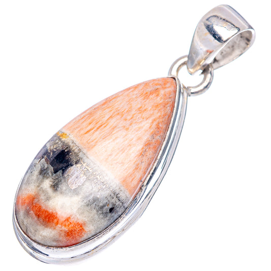 Sterling silver teardrop pendant with orange and white speckled stone cabochon