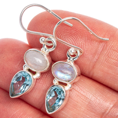 Rainbow Moonstone, Blue Topaz Earrings 1 3/8" (925 Sterling Silver) E1031