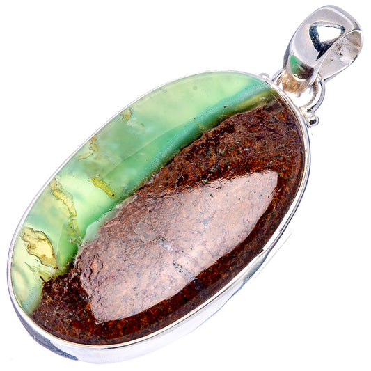 Oval chrysoprase pendant with green band and dark brown matrix, .925 sterling silver bezel.
