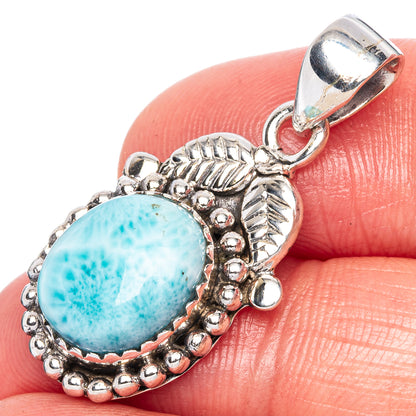 Larimar oval pendant with blue stone, 925 sterling silver ornate bezel and loop bail