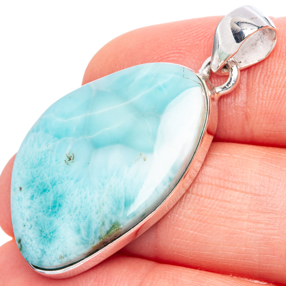 Sterling silver larimar oval pendant with top bail, blue-green gemstone cabochon