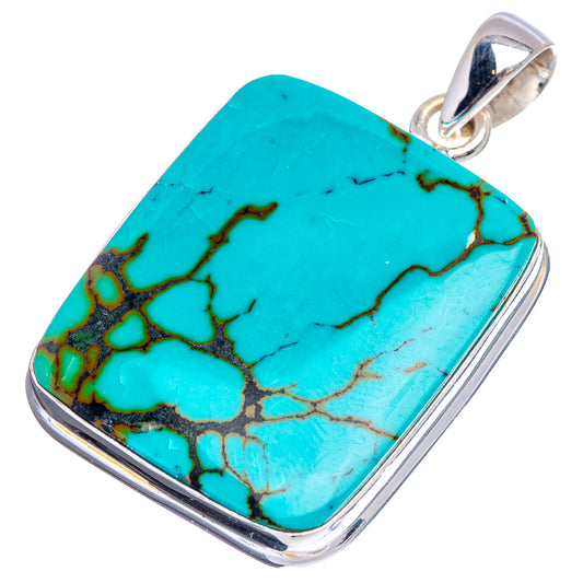 Sterling silver turquoise pendant, bezel set square stone with blue and dark web pattern